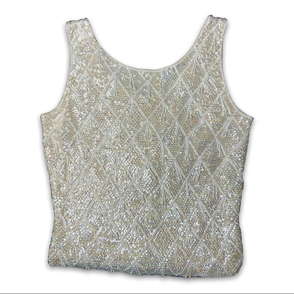VINTAGE 60s Windowpane Pearl Bead Fringe Iridescent Sequin Wool Sleeveless Top M - Picture 1 of 8